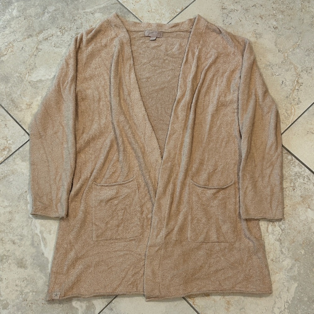 Barefoot Dreams CozyChic Lite Cardigan‎ Women L Tan Open Front Pockets NOWCL1327